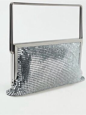 Silver Mesh Evening Clutch Bag with Metallic Frame